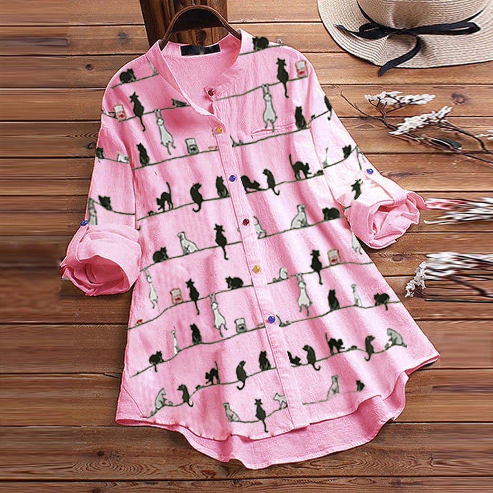Margery Blouse met Kattenprint - Stijlvol en Speels in Één