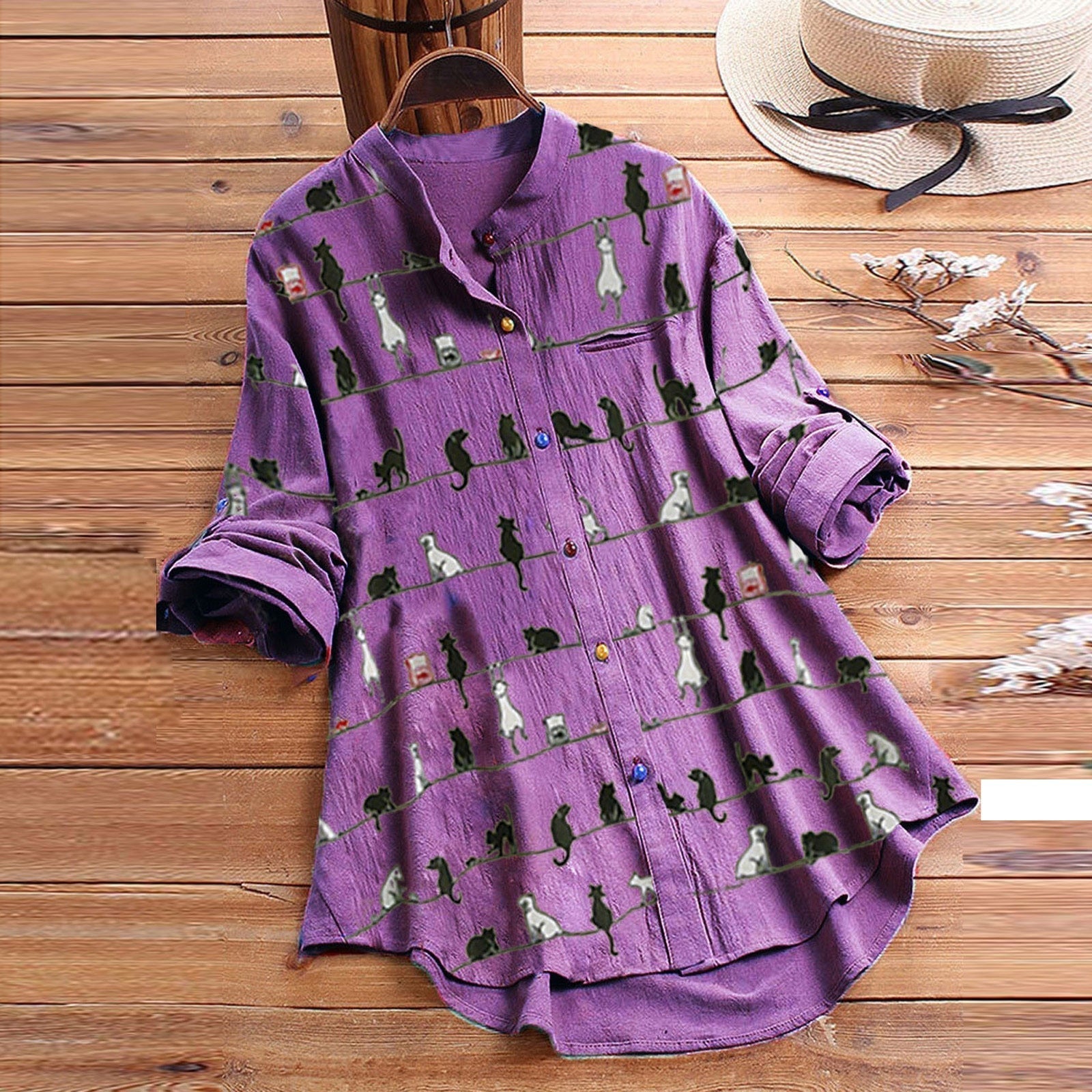 Margery Blouse met Kattenprint - Stijlvol en Speels in Één