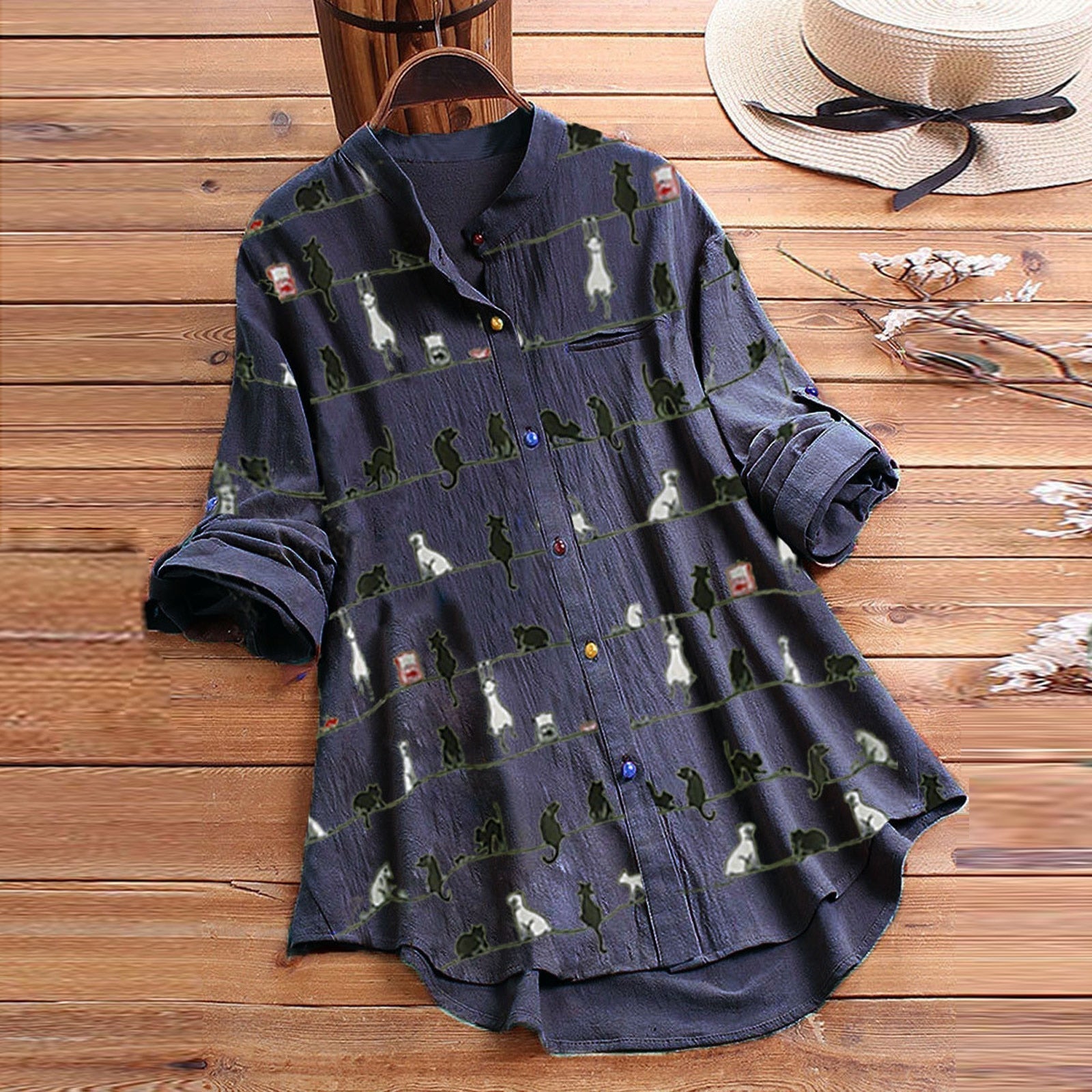 Margery Blouse met Kattenprint - Stijlvol en Speels in Één
