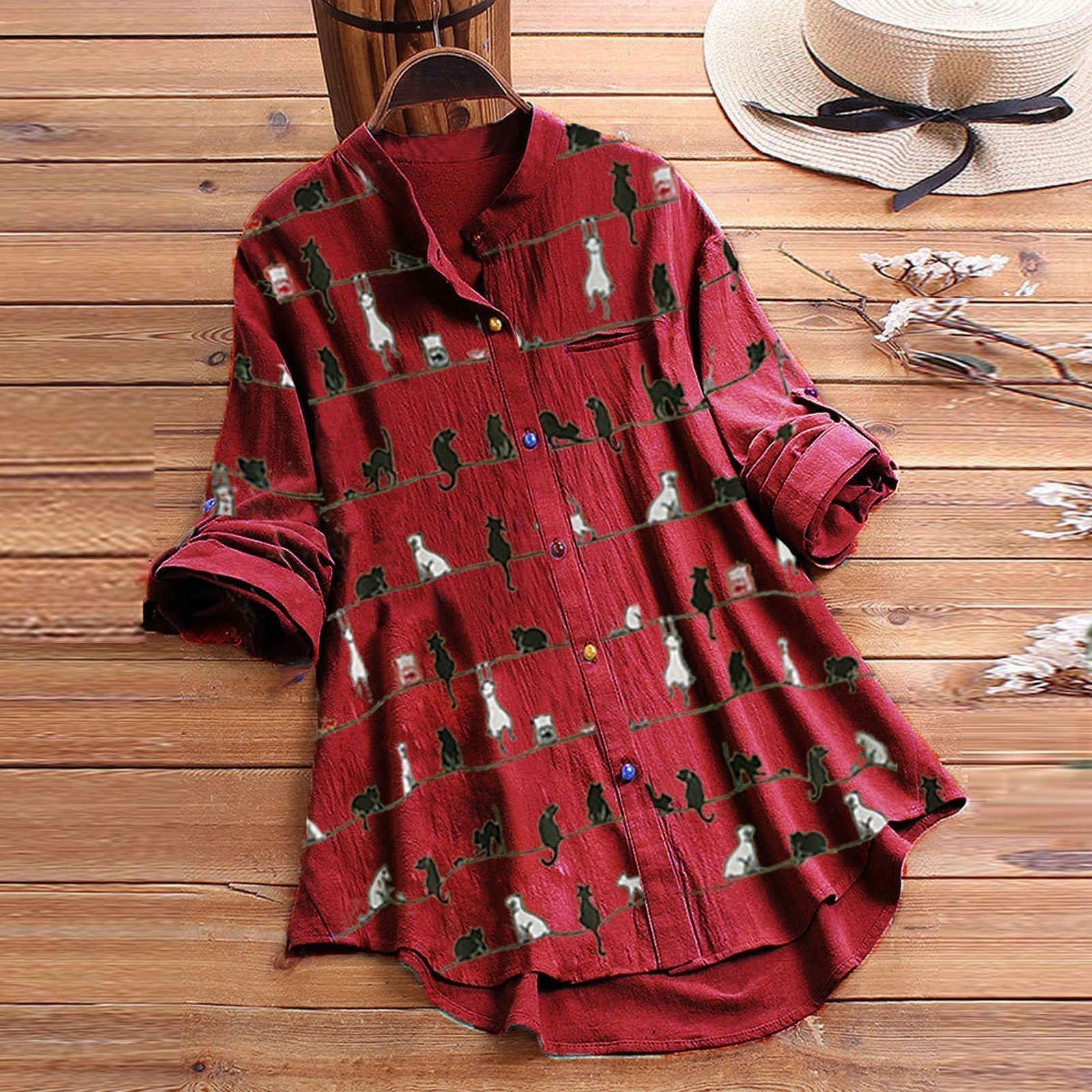 Margery Blouse met Kattenprint - Stijlvol en Speels in Één