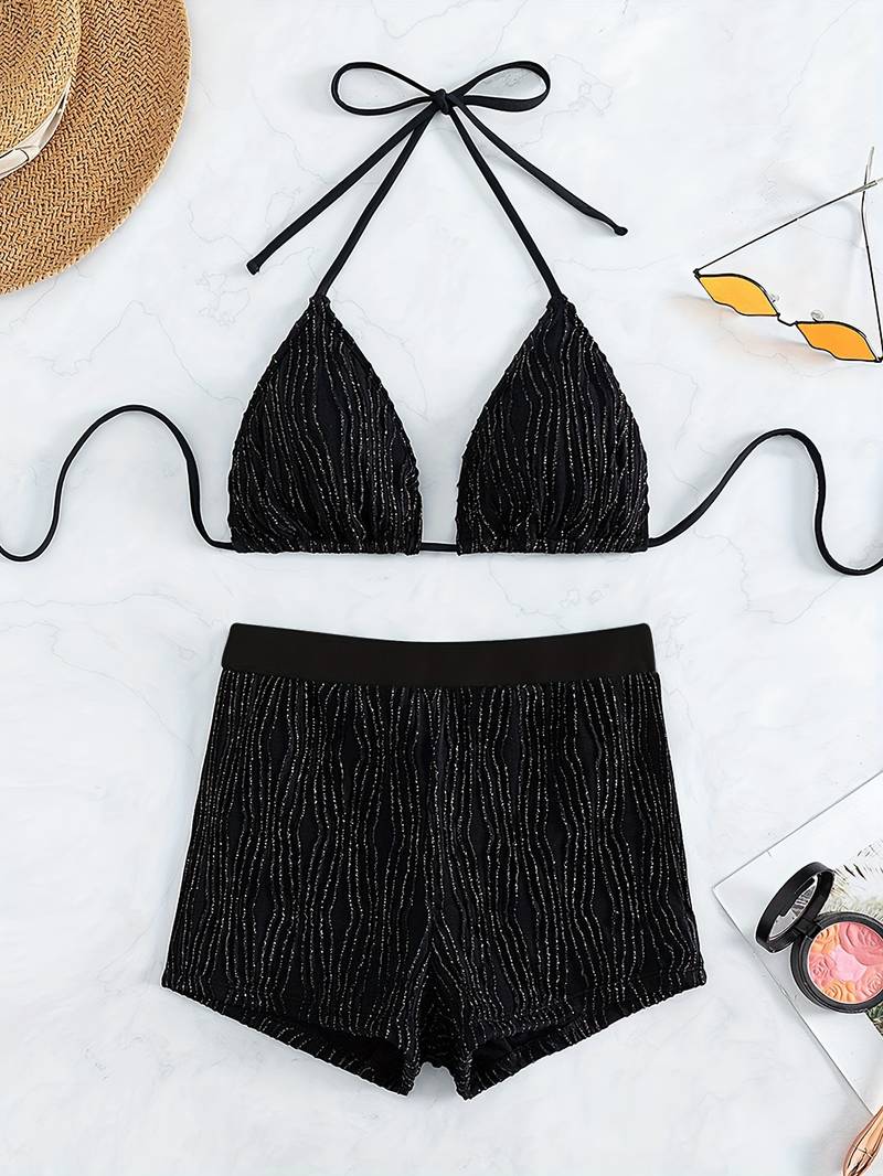 Mubilux Alex Suit | Zwarte glitterbikini met halternektopje en hoog uitgesneden zwembroekje