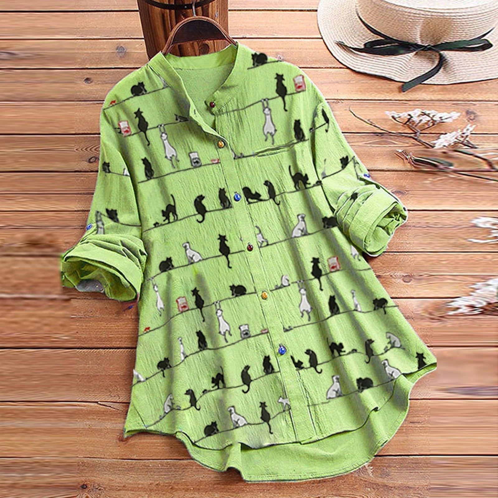 Margery Blouse met Kattenprint - Stijlvol en Speels in Één