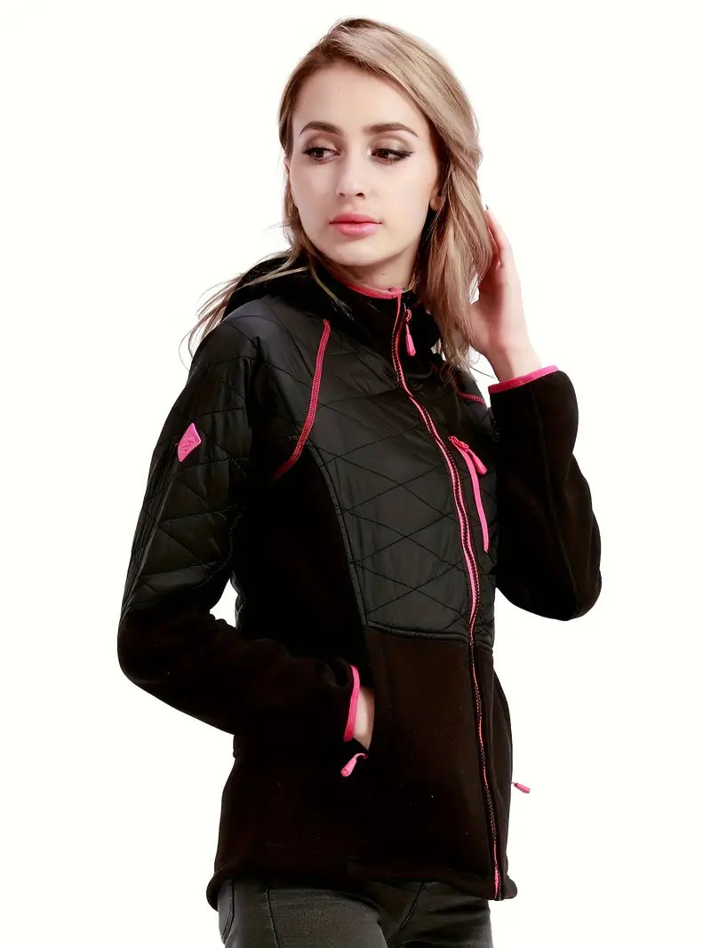 Dames Lange Mouwen Patchwork Thermische Jas met Capuchon