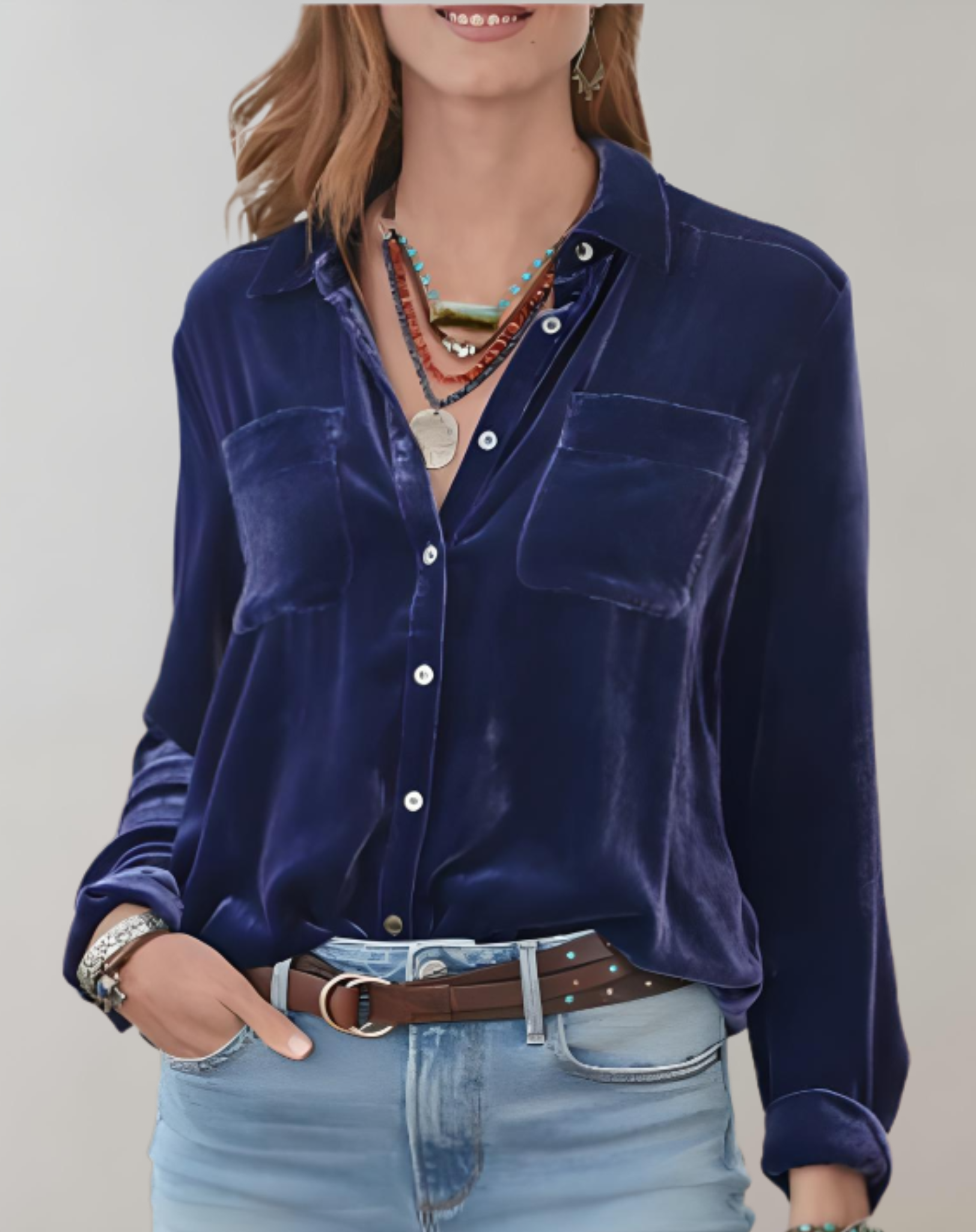 Fleur fluwelen poloshirt – elegant ontwerp met lange mouwen en diepe V-hals