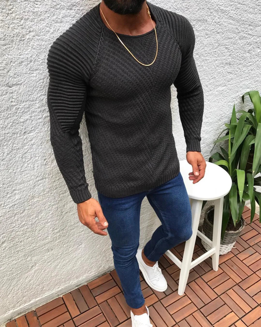 Mubilux - Pull col rond homme en couleur unie avec coupe slim, élégant et confortable