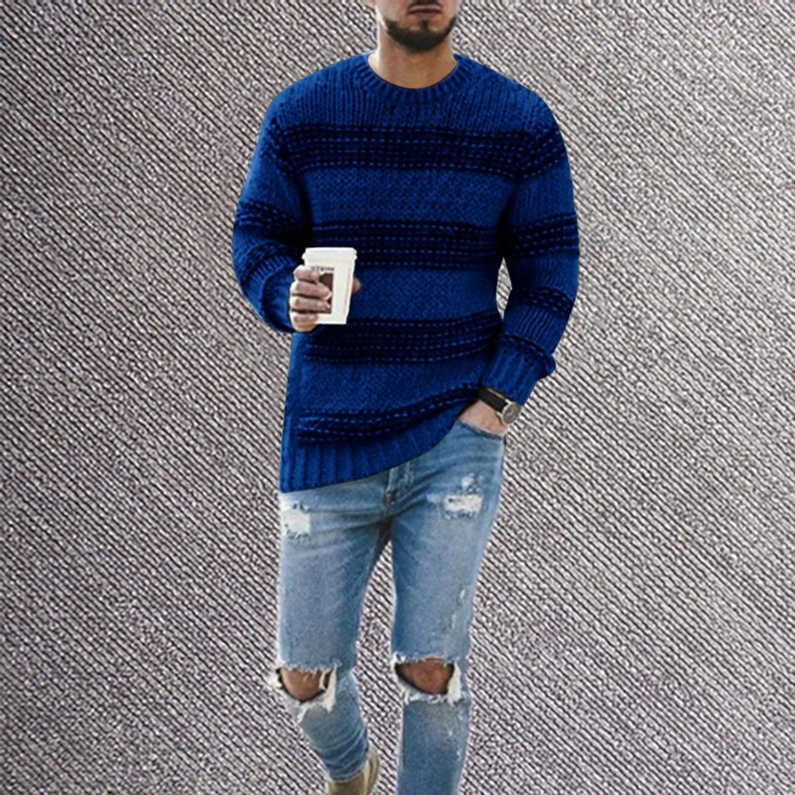 Mubilux Stripe - Heren Gestreepte Gebreide Trui, Casual Ronde Hals Pullover voor Herfst en Winter