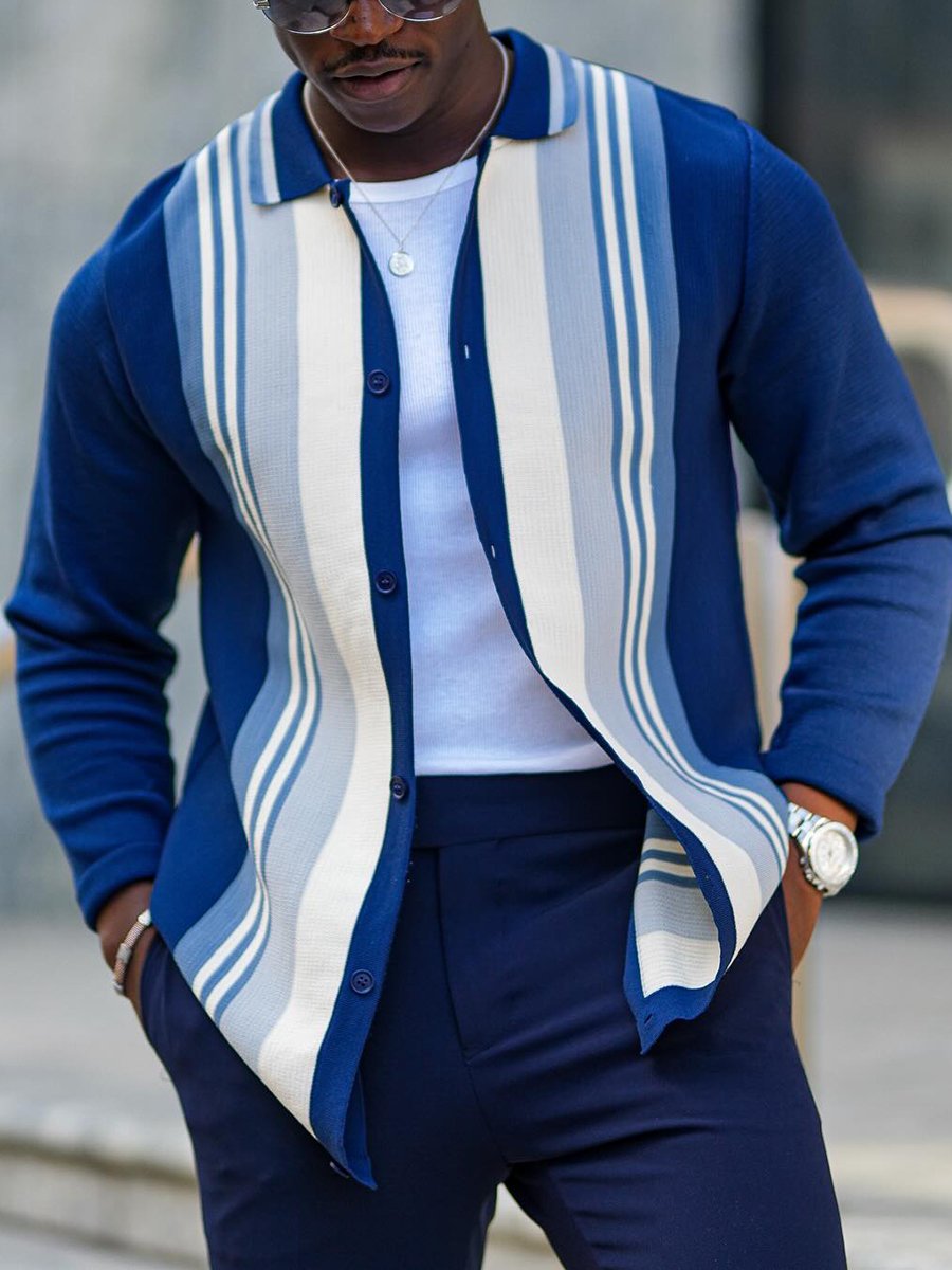 Heren Gestreepte Gebreide Cardigan met Revers en Knoopsluiting - Stijlvol & Casual