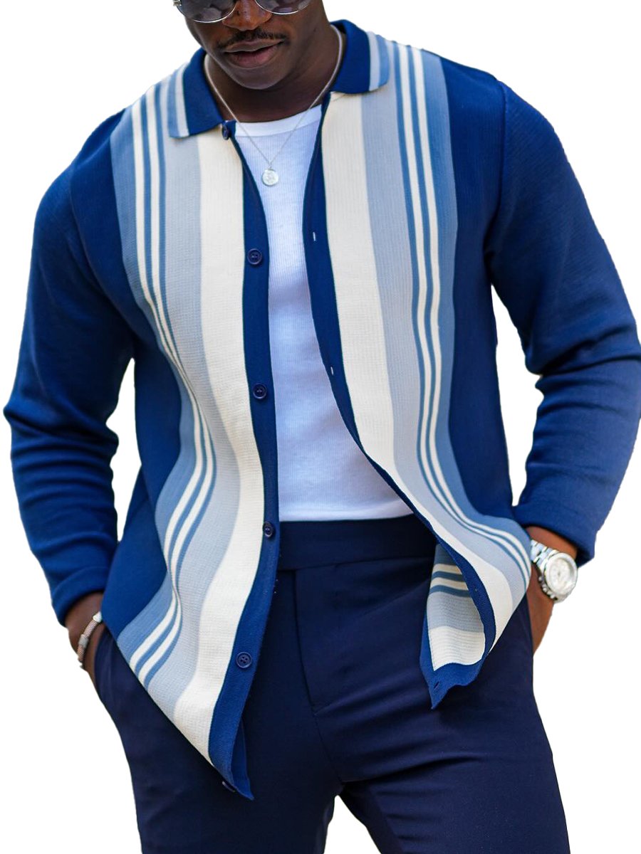 Heren Gestreepte Gebreide Cardigan met Revers en Knoopsluiting - Stijlvol & Casual