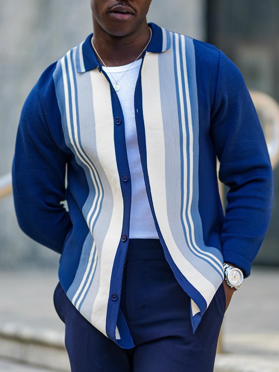 Heren Gestreepte Gebreide Cardigan met Revers en Knoopsluiting - Stijlvol & Casual
