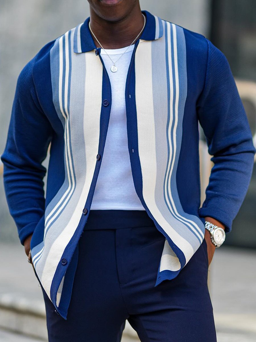 Heren Gestreepte Gebreide Cardigan met Revers en Knoopsluiting - Stijlvol & Casual