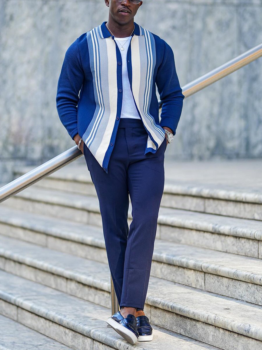 Heren Gestreepte Gebreide Cardigan met Revers en Knoopsluiting - Stijlvol & Casual