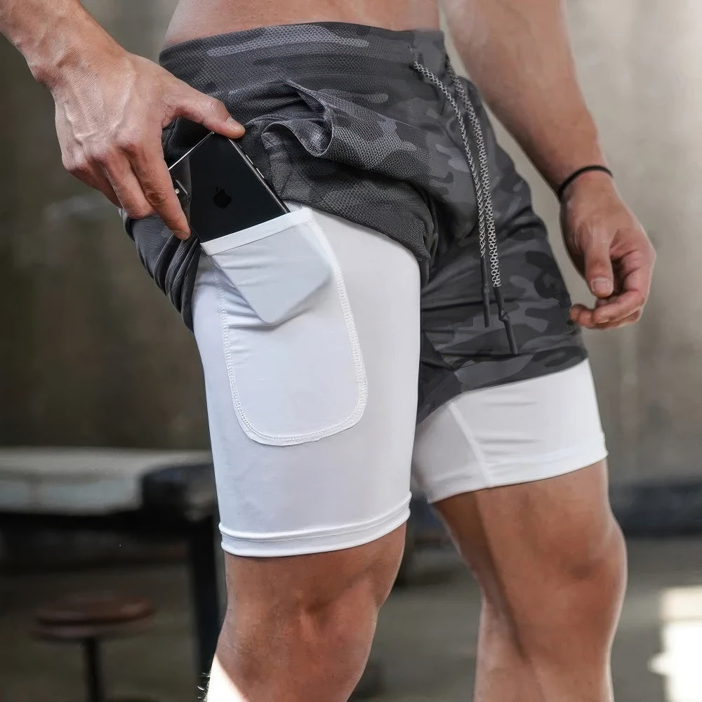 Mubilux heren camo 2-in-1 sneldrogende sportbroek