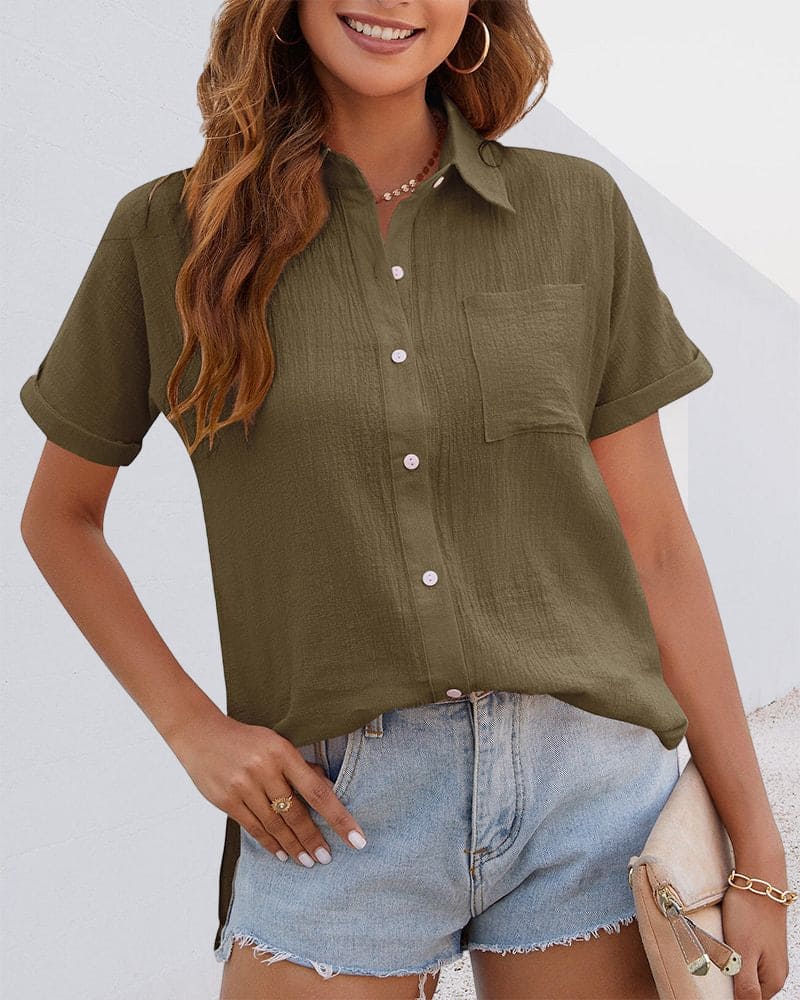 Claire - Effen blouse met knoopsluiting en korte mouwen