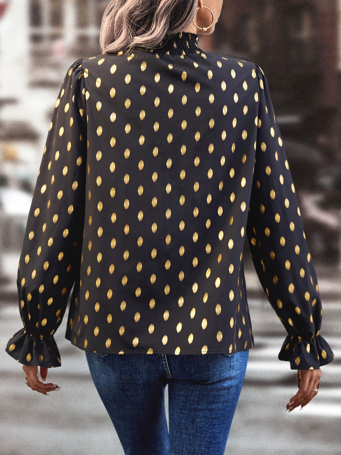 Blouse Imprimée Découpée - Col Doux et Manches Froncées