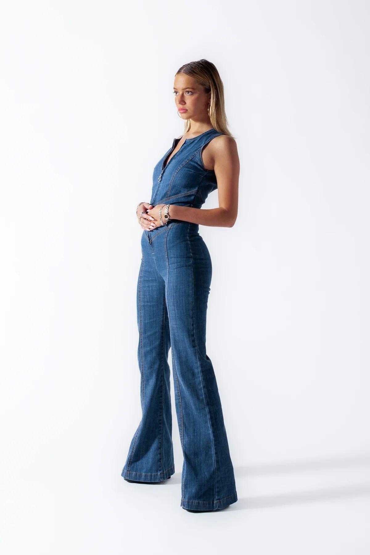 Elena – Denim Jumpsuit Dames Mouwloos met Sweetheart Halslijn