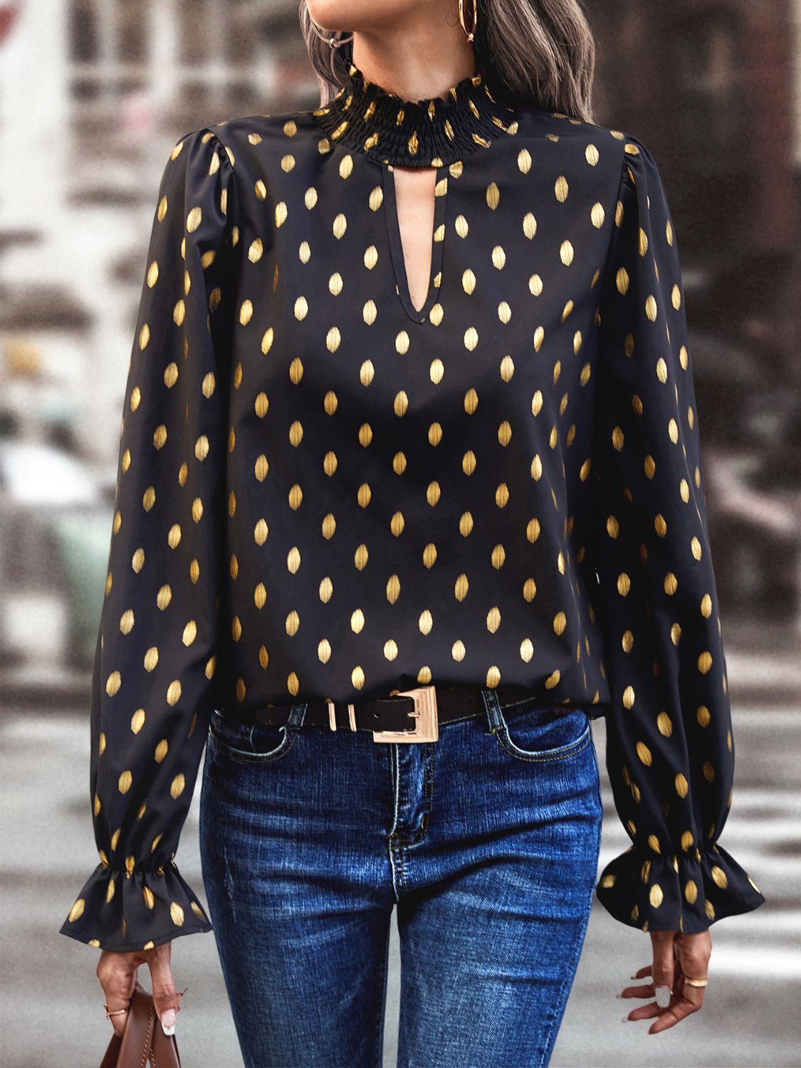 Blouse Imprimée Découpée - Col Doux et Manches Froncées