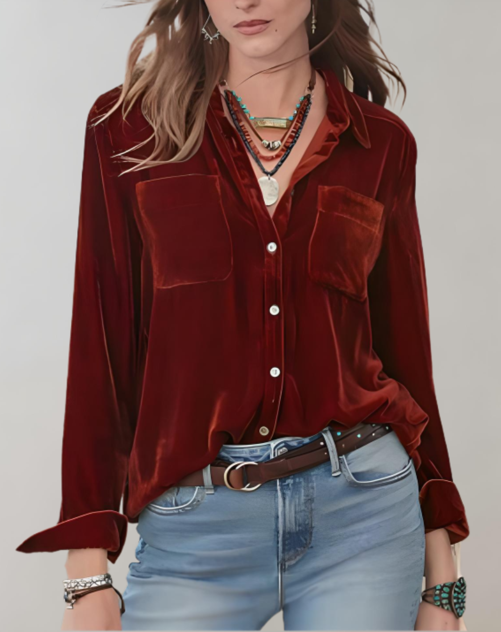 Polo en velours floral – design élégant avec manches longues et col en V profond