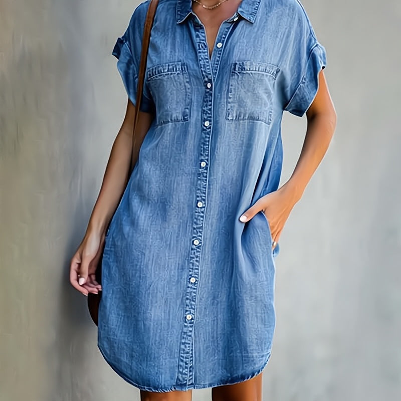 Romy – Jeansjurk voor dames met kraag en knoopsluiting, korte mouwen, zomers