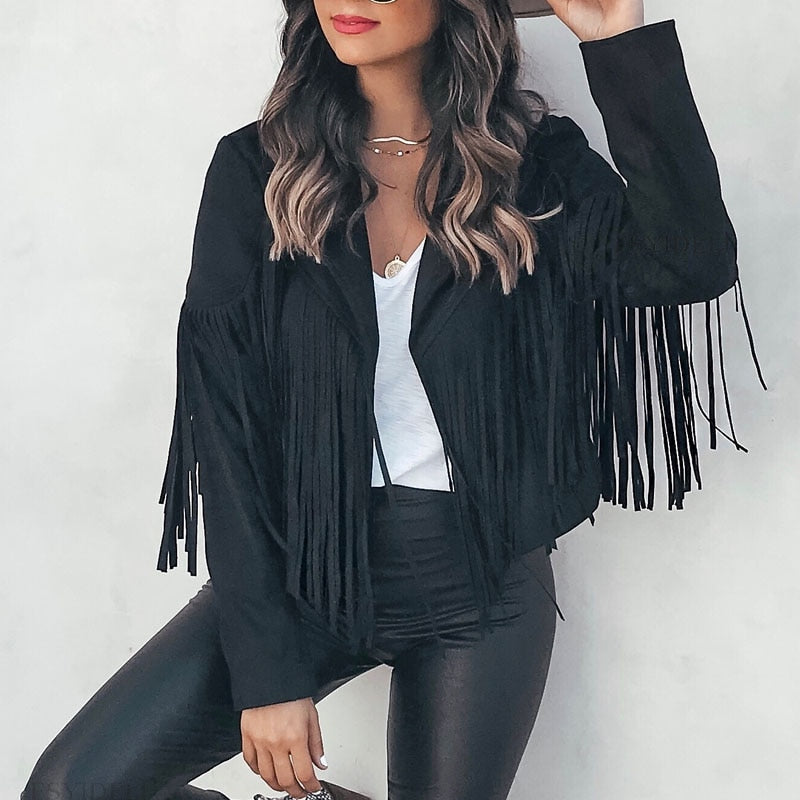 Veste en suède de Mubilux Katharina avec franges | Gilet pour femmes avec pompons pour des tenues tendance