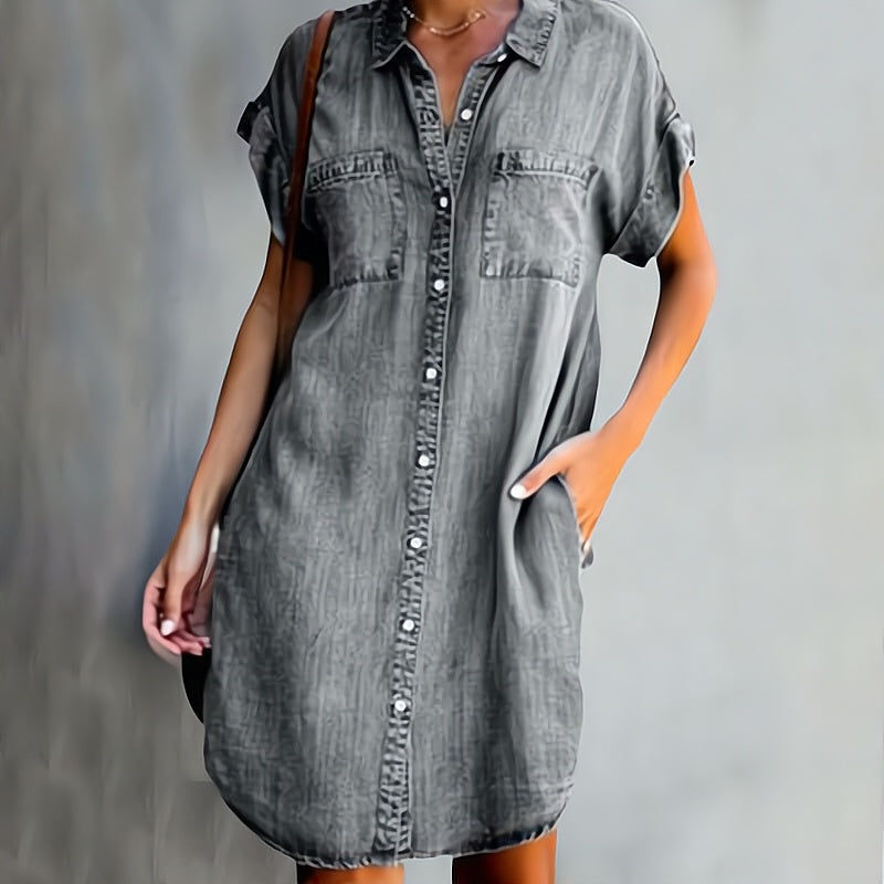 Romy – Jeansjurk voor dames met kraag en knoopsluiting, korte mouwen, zomers
