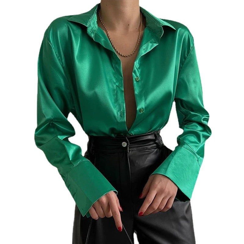 Chemisier en satin Mubilux Sophia avec col polo | chemisier en soie pour le bureau | design vintage avec bouton détaché | mode élégante