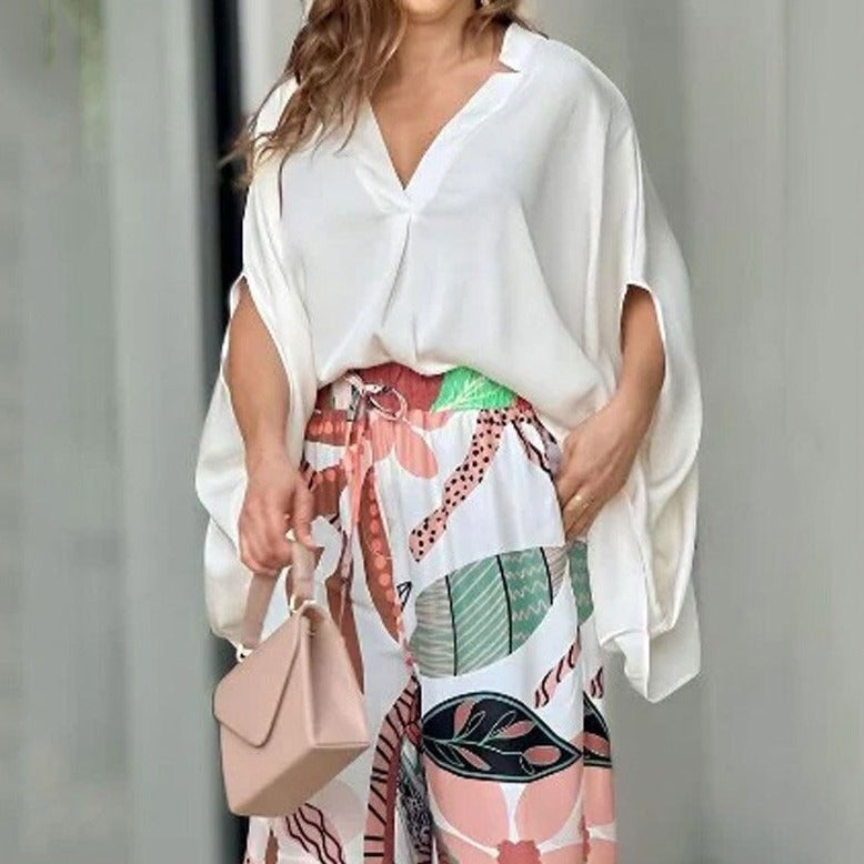 Rosie - Stijlvolle 2-delige Set | Witte Blouse en Kleurrijke Luchtige Broek