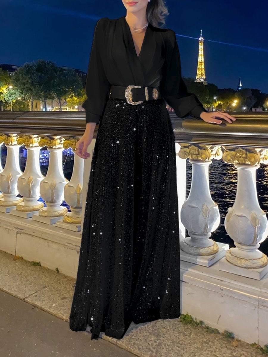 Nola Jurk | Glitter Avond Jurk met Riem voor Elegante Gelegenheden