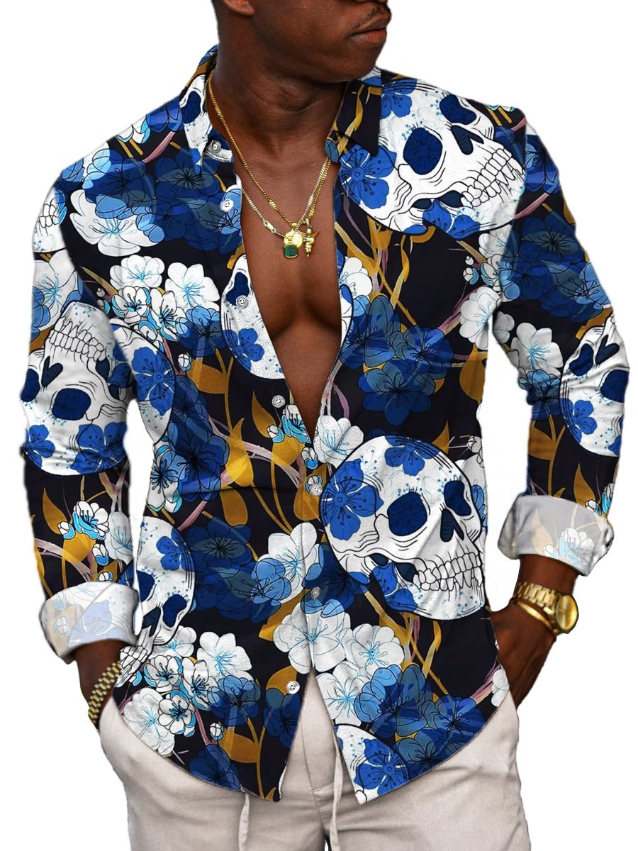 Chemise Vintage pour Hommes à Manches Longues avec Imprimé Floral Crâne