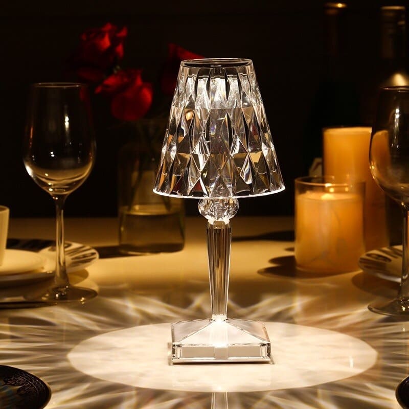 LuxeGlow Lampe de Table en Cristal Acrylique - Variateur Tactile 3 Niveaux & Design Sans Fil