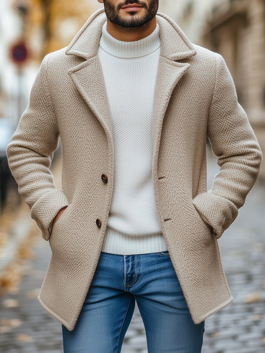 Casual Solid Color Kapel Twee Knoop Wollen Jas - Stijlvol & Veelzijdig