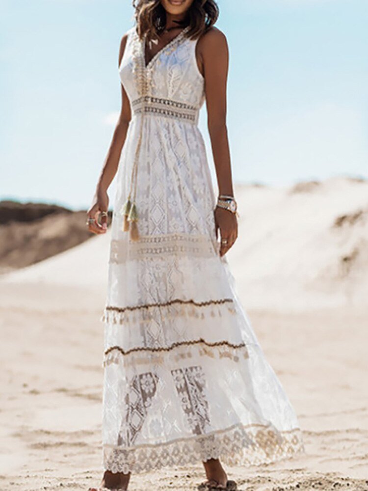 Avelyn - Robe maxi bohème féminine avec dentelle et broderie