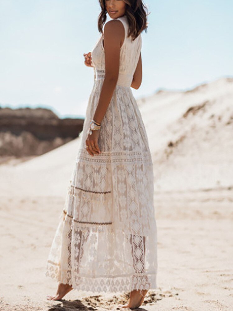Avelyn - Robe maxi bohème féminine avec dentelle et broderie